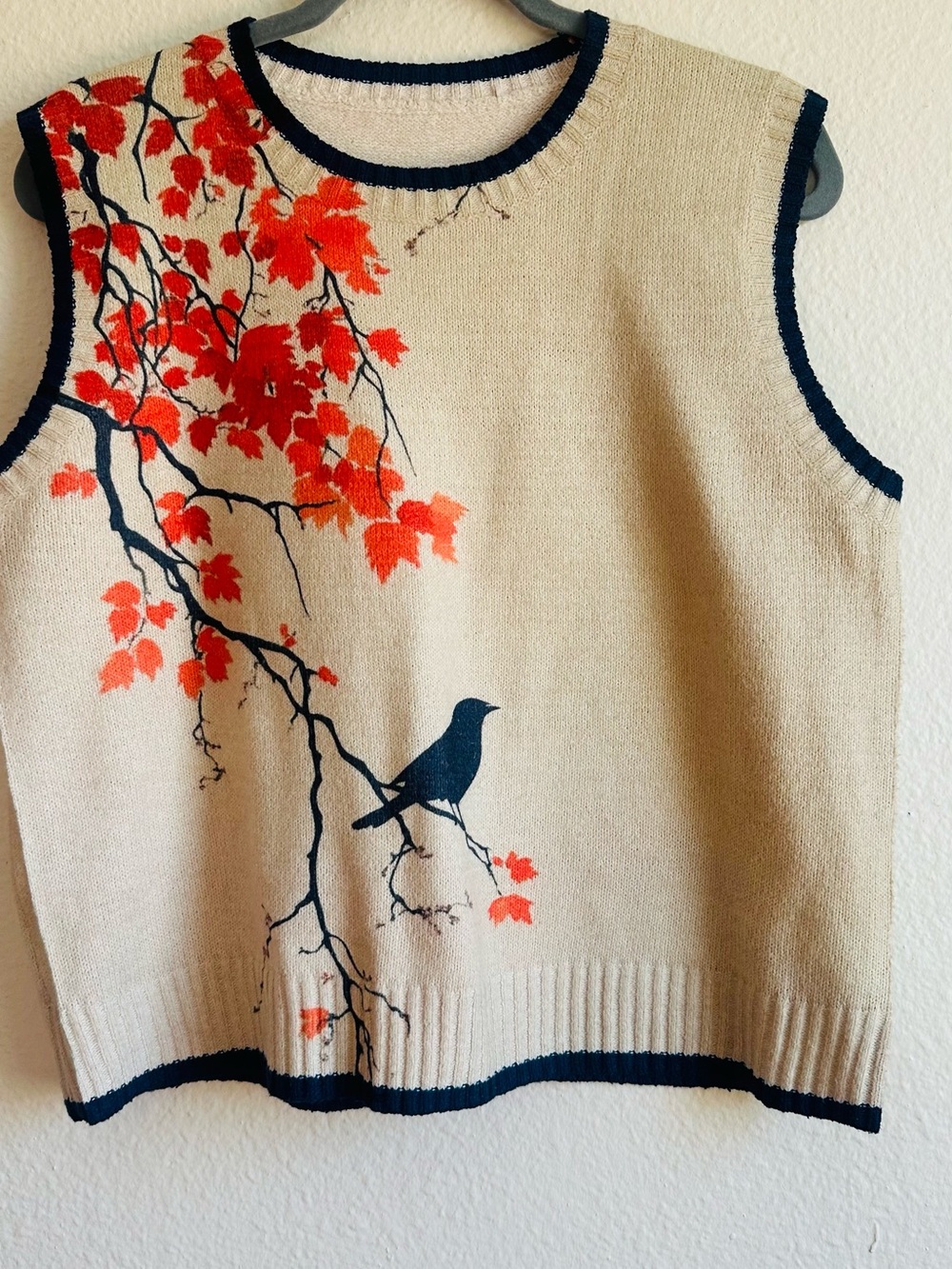 Ladies Cream Knit Sleeveless Sweater Vest with Navy & Red Bird Motif